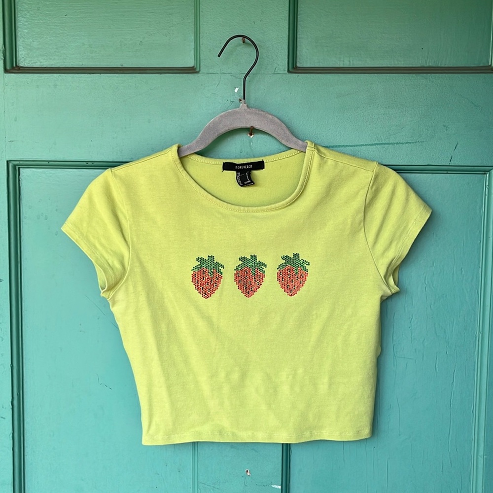 Forever 21 Strawberry Rhinestone Baby Tee Small